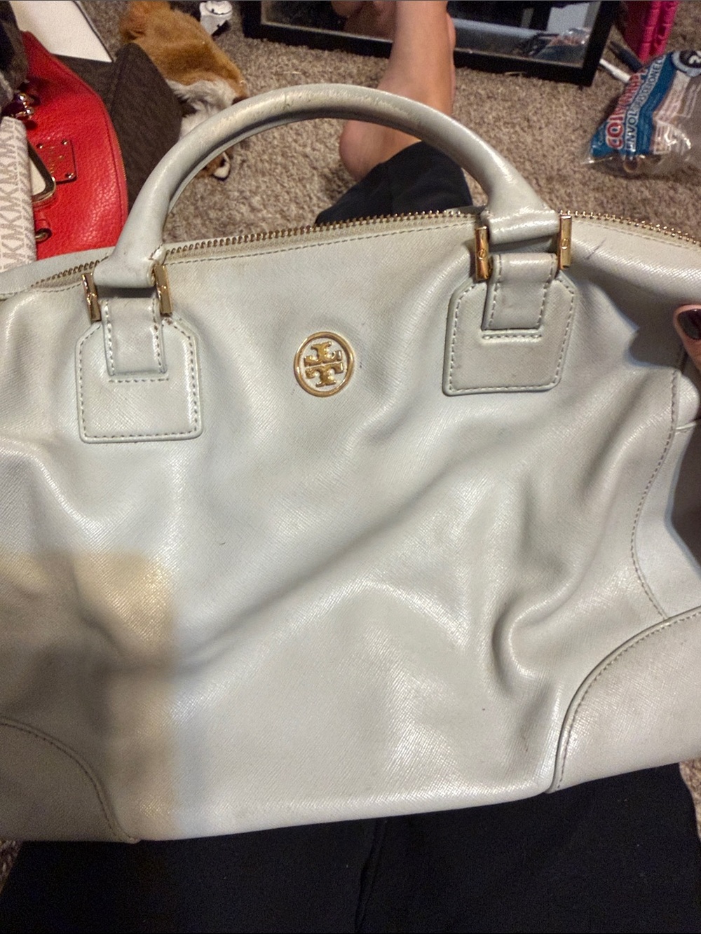 Tory Burch Pale Gray Leather Satchel with Gold Logo
